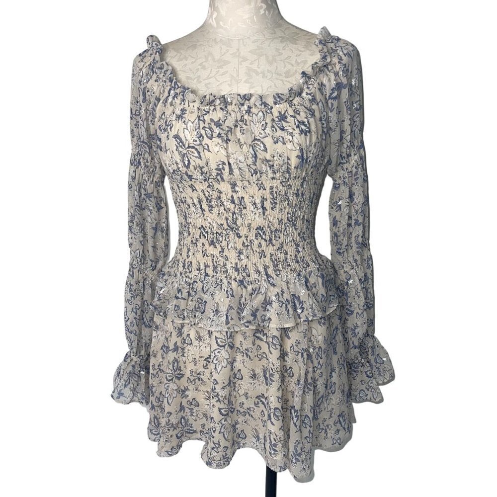 Sabo Luxe Womens Dress Size L Cream Floral Chiffon Shirred Long Sleeve Mini New
